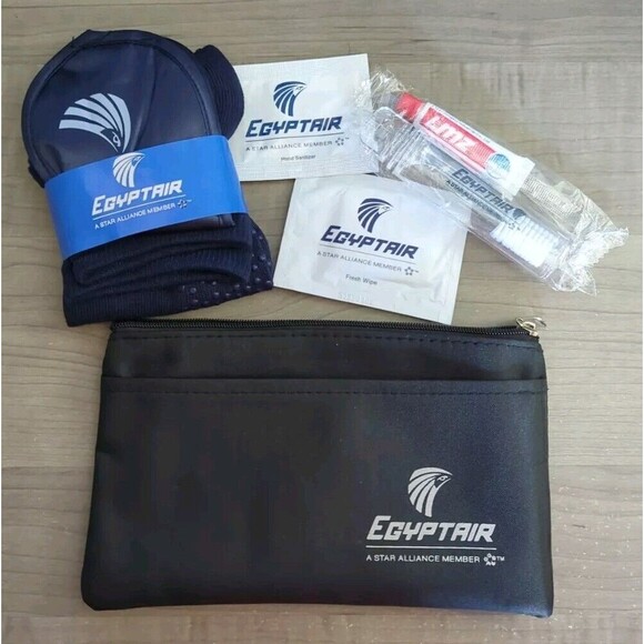 Egypt Air Amenity Kit Pouch Navy Blue Bag Aviation Collectible Socks Eye Mask - Picture 1 of 6